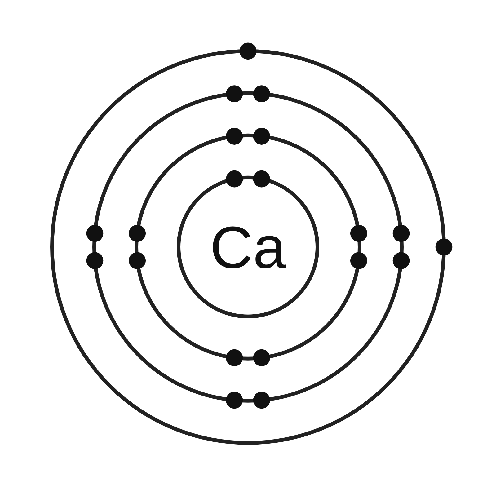 A calcium atom drawn as four shells around the symbol Ca, with 2, 8, 8 and 2 electrons as dots