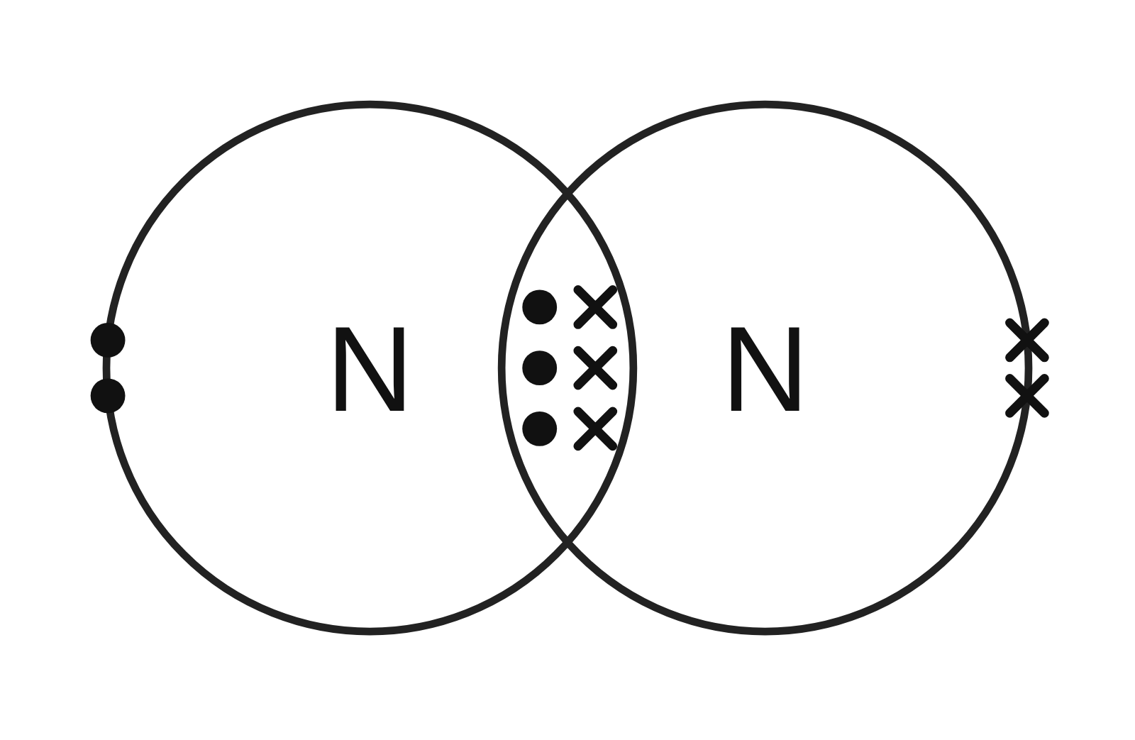 Dot-and-cross diagram of a nitrogen molecule: two overlapping circles with three dots and three crosses in the overlap and one lone pair on each atom