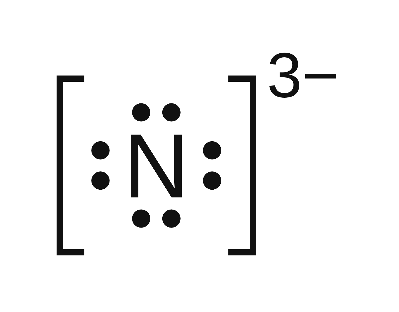 Lewis dot diagram of the nitride ion: N with a pair of dots on each of its four sides, in square brackets with a 3− charge