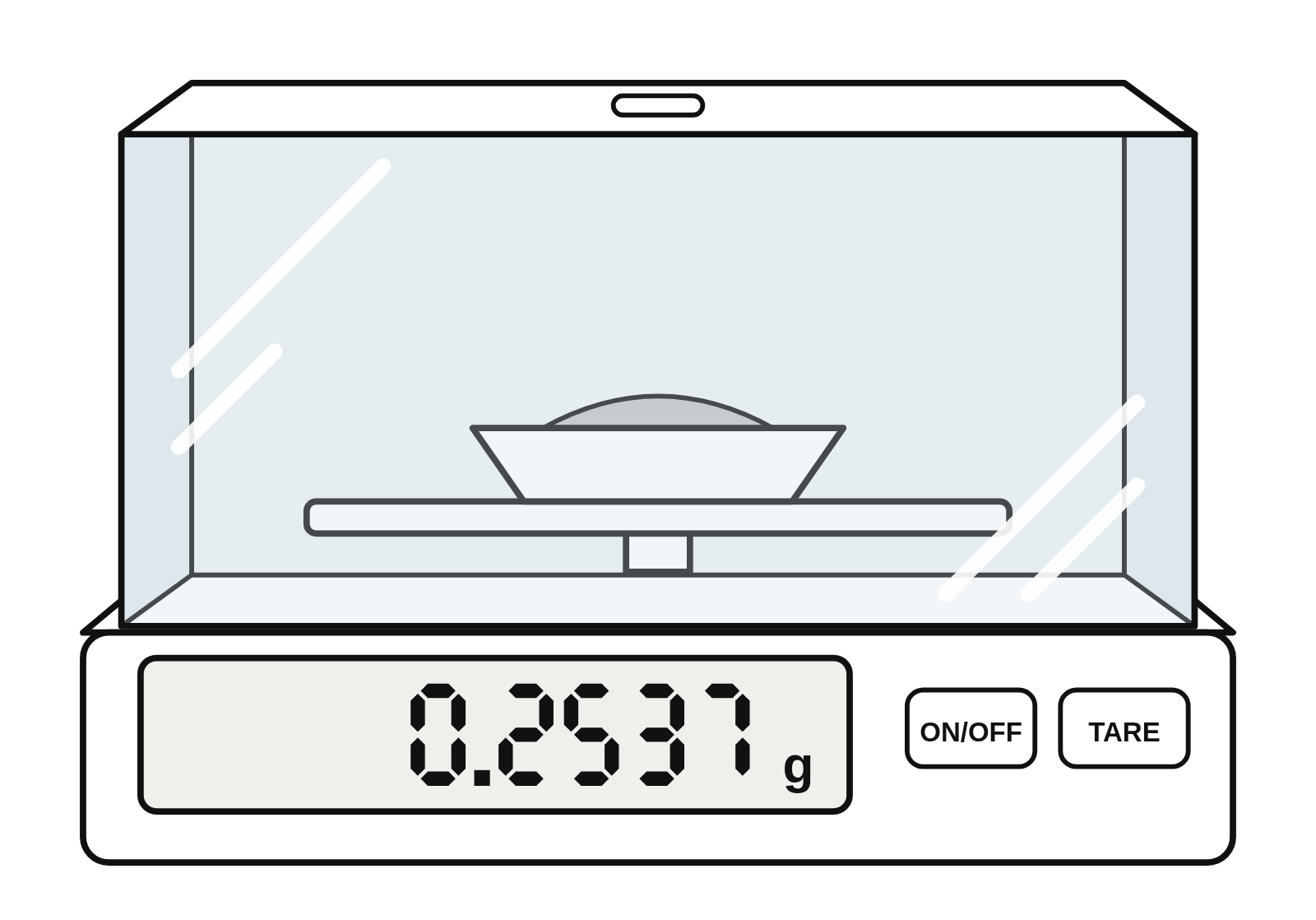 An analytical balance inside its glass draft shield, its display reading 0.2537 g
