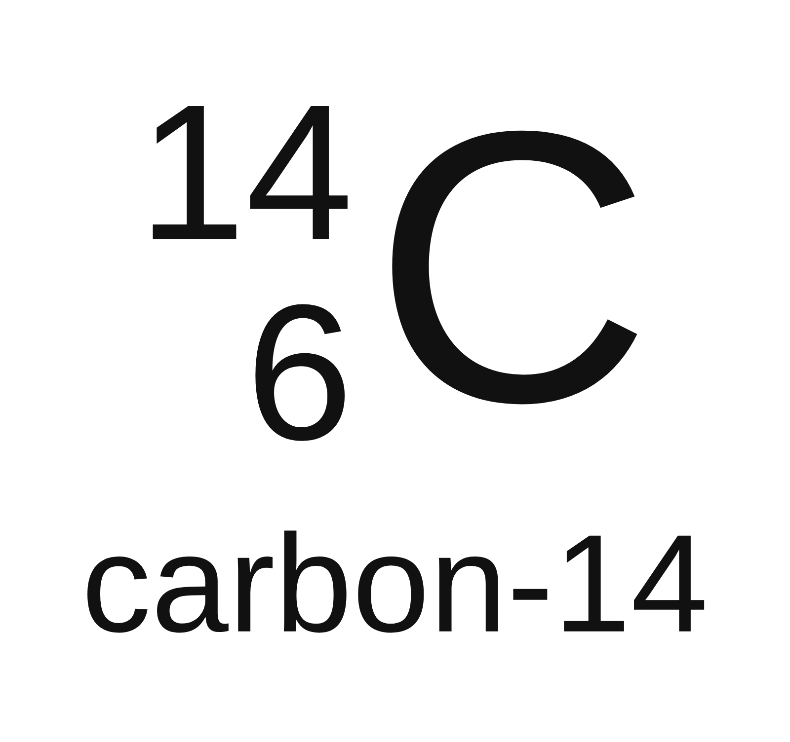 The nuclide symbol for carbon-14: C with mass number 14 at the top left and atomic number 6 at the bottom left, with carbon-14 written under it