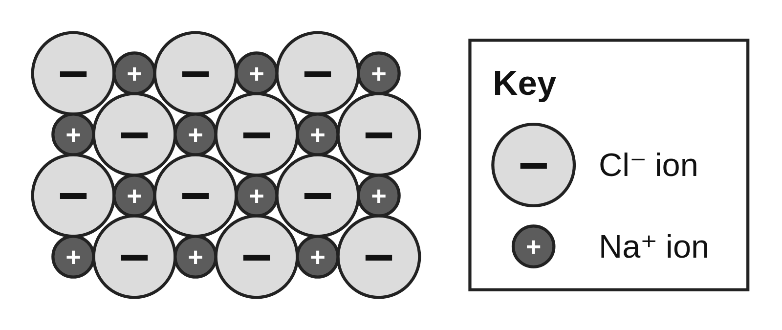 A lattice of alternating large light gray negative ions and small dark gray positive ions, with a key naming them Cl⁻ and Na⁺