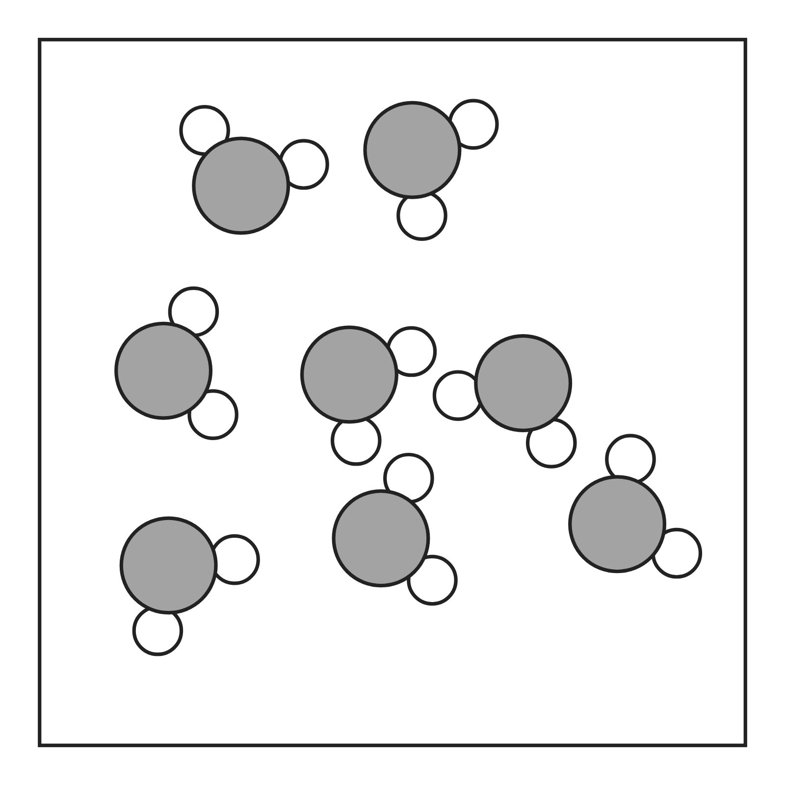 A box of eight bent molecules, each a large gray atom with two small white atoms, like water