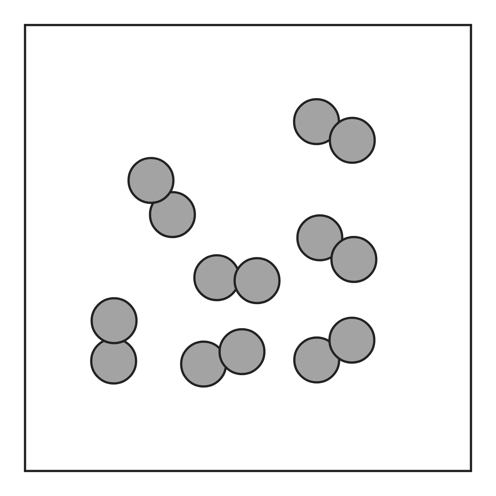 A box of seven diatomic molecules, each two medium gray atoms joined together
